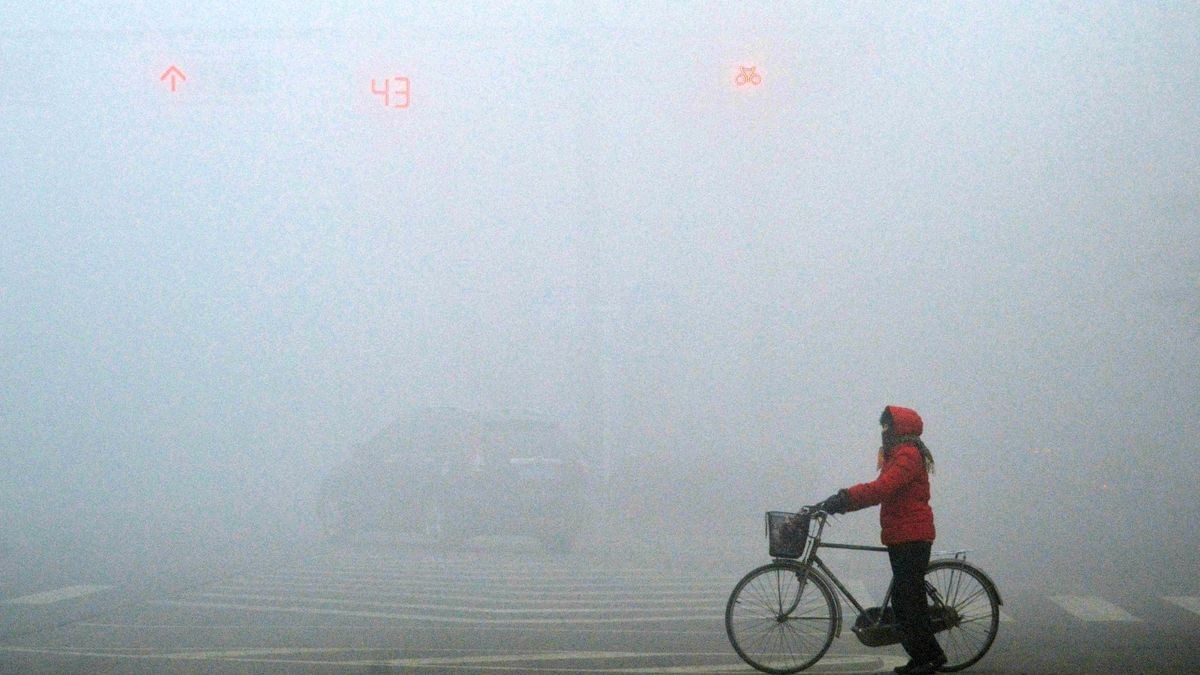 Der Fahrradfahrer ist dank roter Jacke noch zu erkennen. Das Auto im Hintergrund geht im Smog unter. Umweltorganisationen fordern China auf, endlich etwas gegen die Luftverschmutzung zu tun.