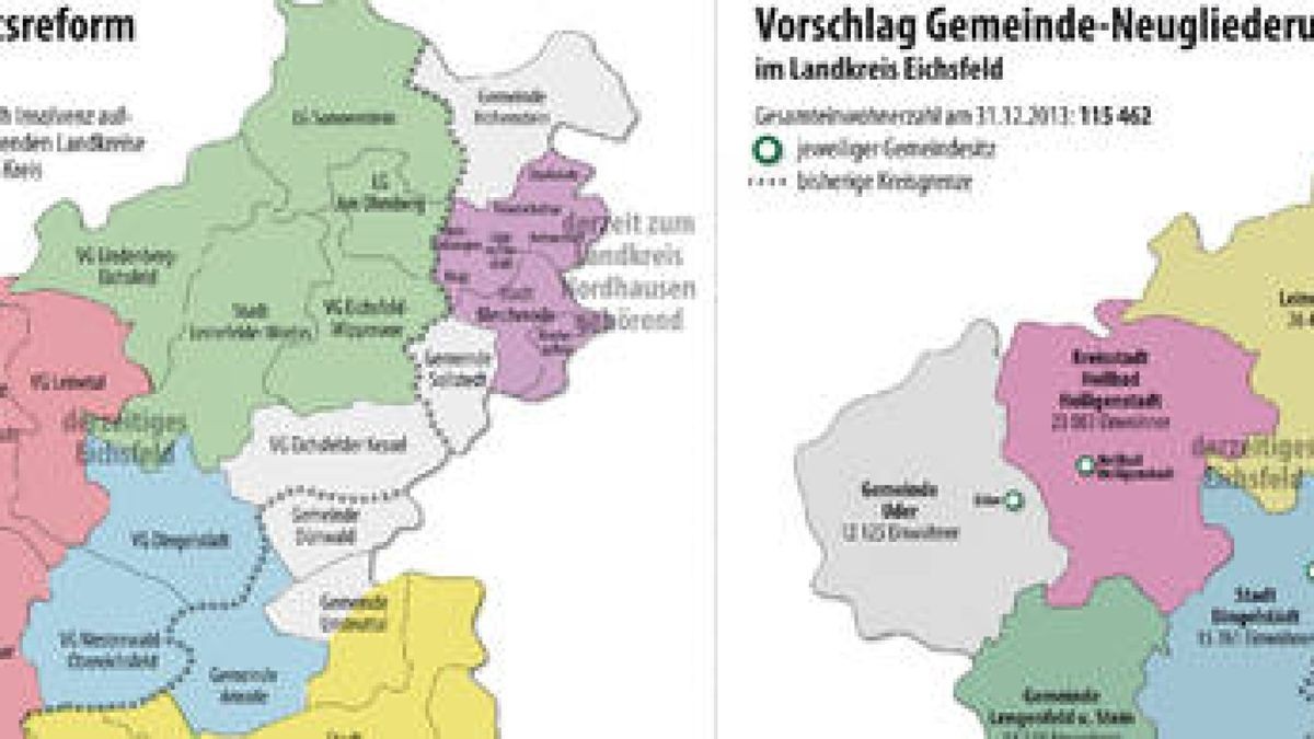 So stellt sich der Eichsfelder Landrat die neuen Gemeindegrenzen innerhalb eines vergrößerten Eichsfeldkreises vor. Dieser Vorschlag ging kürzlich ans Innenministerium. Quelle: Landratsamt Eichsfeld/Grafik: Andreas Wetzel