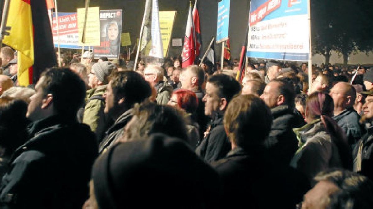 Zur AfD-Demo am Mittwochabend (28.10.2015) kamen rund 4200 Anhänger auf den Erfurter Domplatz. Foto: Franlk Karmeyer