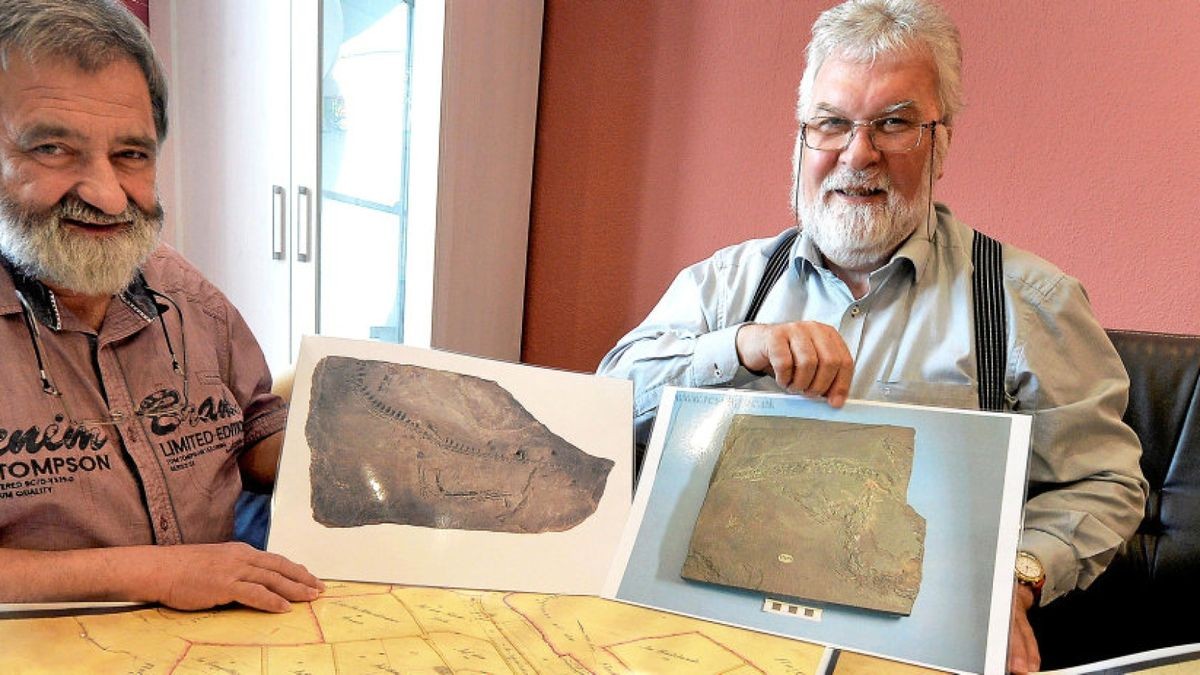 Helmut Möller ( links ) und Dieter Mitschke mit den Fotos der 250 Millionen Jahre alten Fossile, die im Kupferschieferbergbau in Kupfersuhl entdeckt worden waren, und einer historischen Karte des Bergbaugebiets.