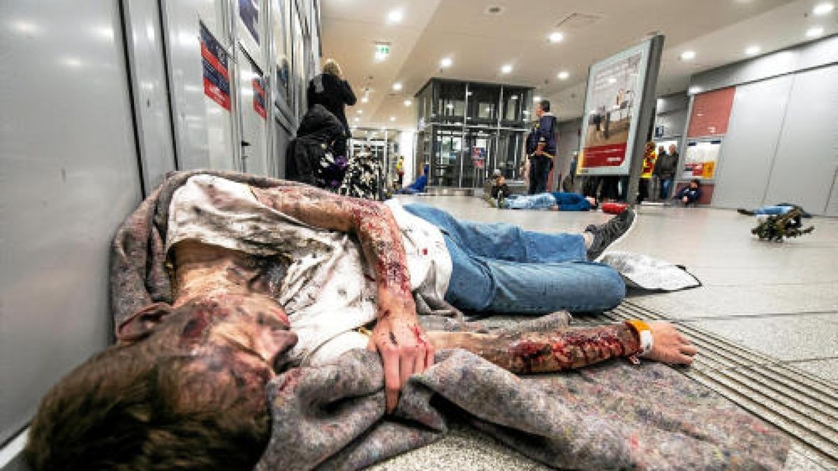 In der Nacht zum Sonntag gab es am Erfurter Hauptbahnhof eine Großübung. Knapp 600 Rettungskräfte simulierten den Einsatz nach einem Anschlag. Foto: Marcus Scheidel