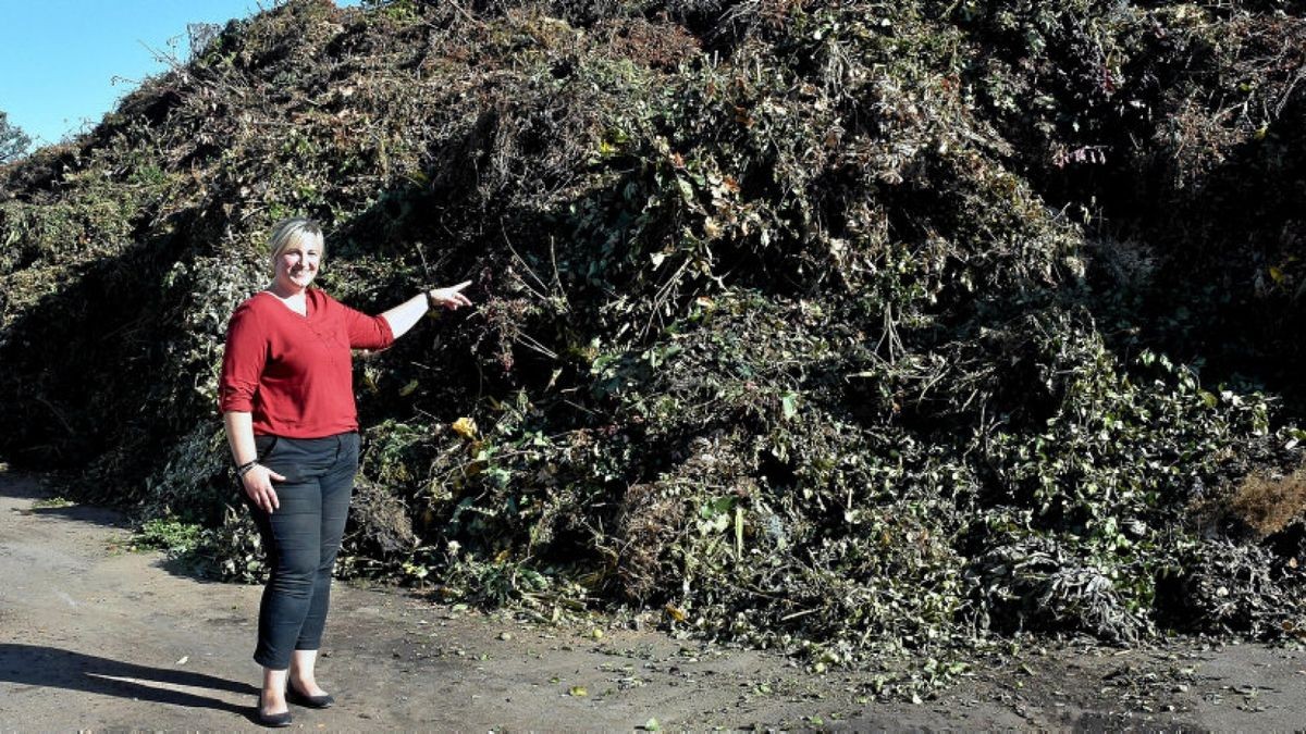 Beim Tag der offenen Tür in der Kompostieranlage Bufleben zeigte deren Leiterin Silvana Stehler auch den für die Herbstzeit typischen Riesen-Berg Grünschnitt, der demnächst zu Kompost verarbeitet wird.