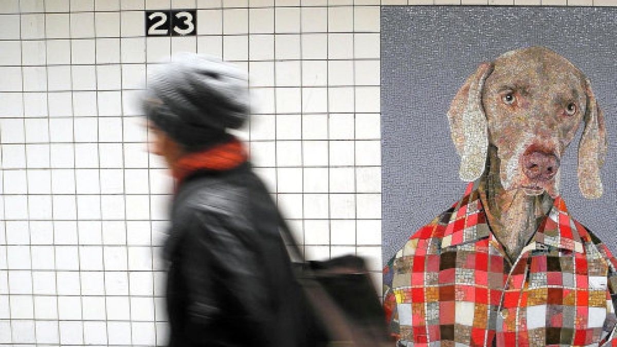 10.12.2018, USA, New York: Ein Mosaik im U-Bahnhof 23rd Street zeigt eine Arbeit des Künstlers William Wegman, der seine Weimaraner-Hunde regelmäßig fotografiert und dafür teils auch verkleidet. (zu dpa-Meldung: «Wartende Hunde: Weimaraner verzieren U-Bahnstation in New York» vom 12.12.2018) Foto: Johannes Schmitt-Tegge/dpa +++ dpa-Bildfunk +++Foto: Johannes Schmitt-Tegge