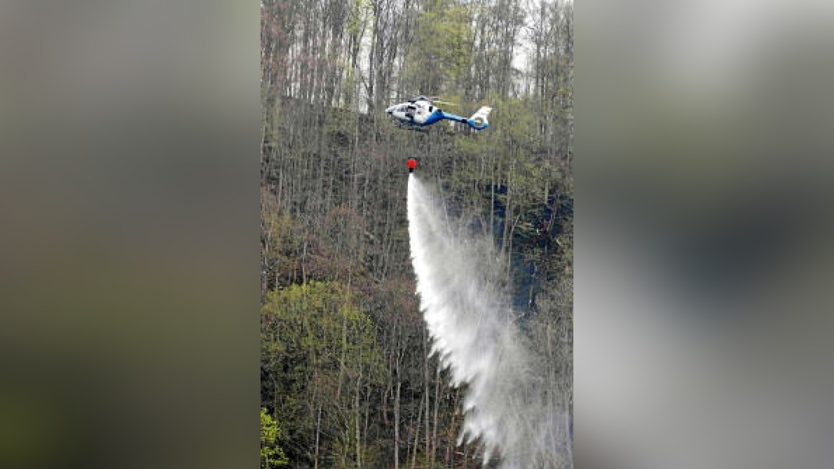 Ein Polizeihubschrauber löscht einen Brand im Wald an der Bleilochtalsperre. Der Brand am Heinrichstein bei Saalburg-Ebersdorf im Saale-Orla-Kreis ist erneut ausgebrochen. Neben Feuerwehrkräften aus dem Saale-Orla-Kreis sind auch Rettungskräfte und Technisches Hilfswerk aus Oberfranken im Einsatz. Foto: Bodo Schackow/dpa