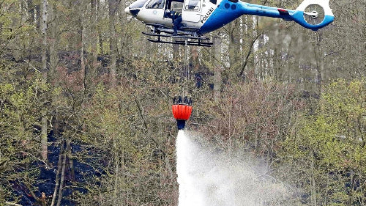 23.04.2019, Thüringen, Saaldorf: Ein Polizeihubschrauber löscht einen Brand im Wald an der Bleilochtalsperre. Der Brand am Heinrichstein bei Saalburg-Ebersdorf im Saale-Orla-Kreis ist erneut ausgebrochen. Neben Feuerwehrkräften aus dem Saale-Orla-Kreis sind auch Rettungskräfte und Technisches Hilfswerk aus Oberfranken im Einsatz. Foto: Bodo Schackow/dpa-Zentralbild/dpa +++ dpa-Bildfunk +++Foto: Bodo Schackow