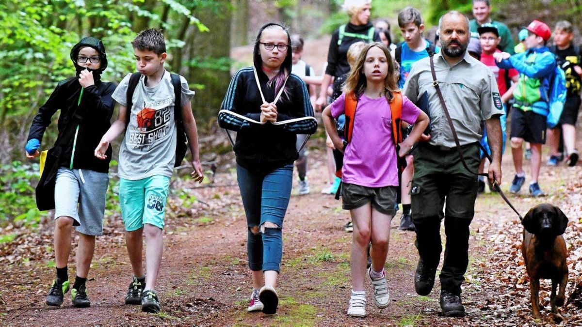 Gestern fanden die 27. Waldjugendspiele um die Sängerwiese statt, die vom Forstamt Marksuhl mit der Landesforstverwaltung und der Schutzgemeinschaft Deutscher Wald organisiert werden. Die Kinder aus der 4b der Hörselschule kommen mit Revierförster Wichmann zur nächsten Station.