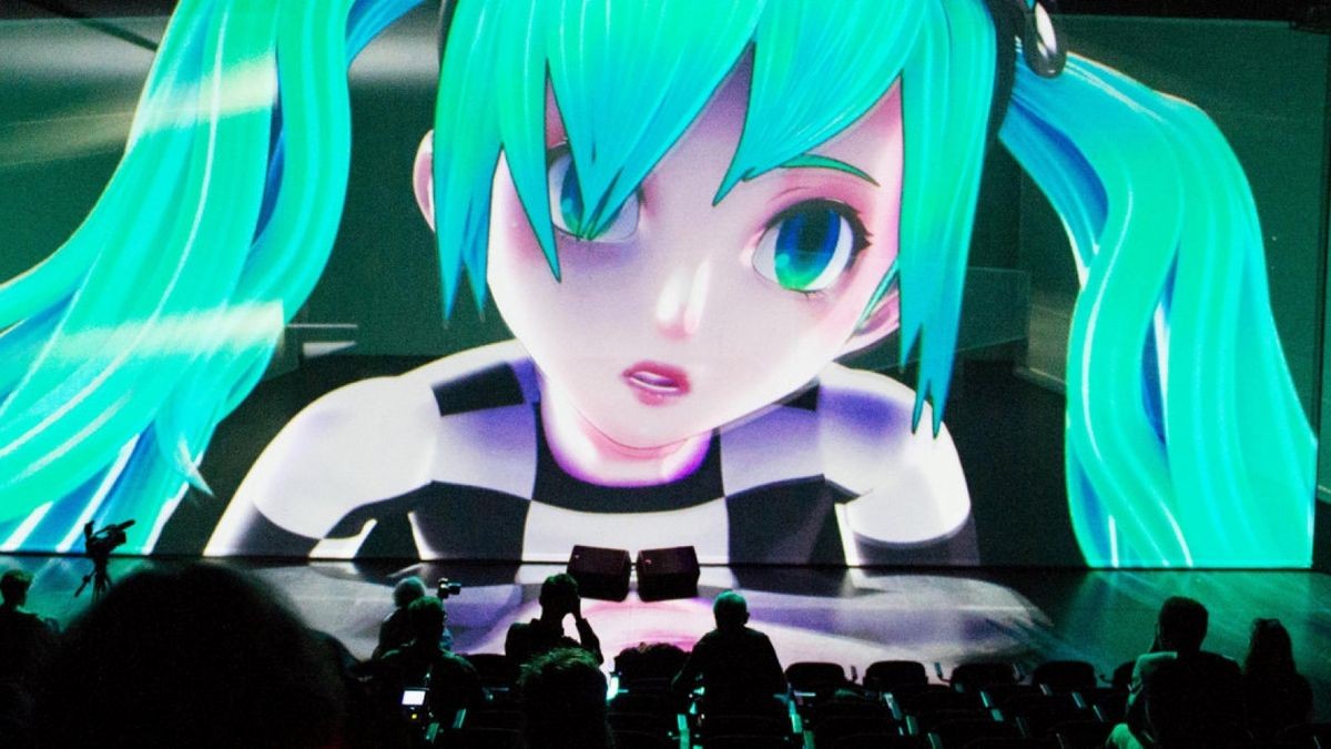 Hatsune Miku ist auch in der Hamburger Inszenierung der Oper „The End“ auf der Leinwand zu sehen.