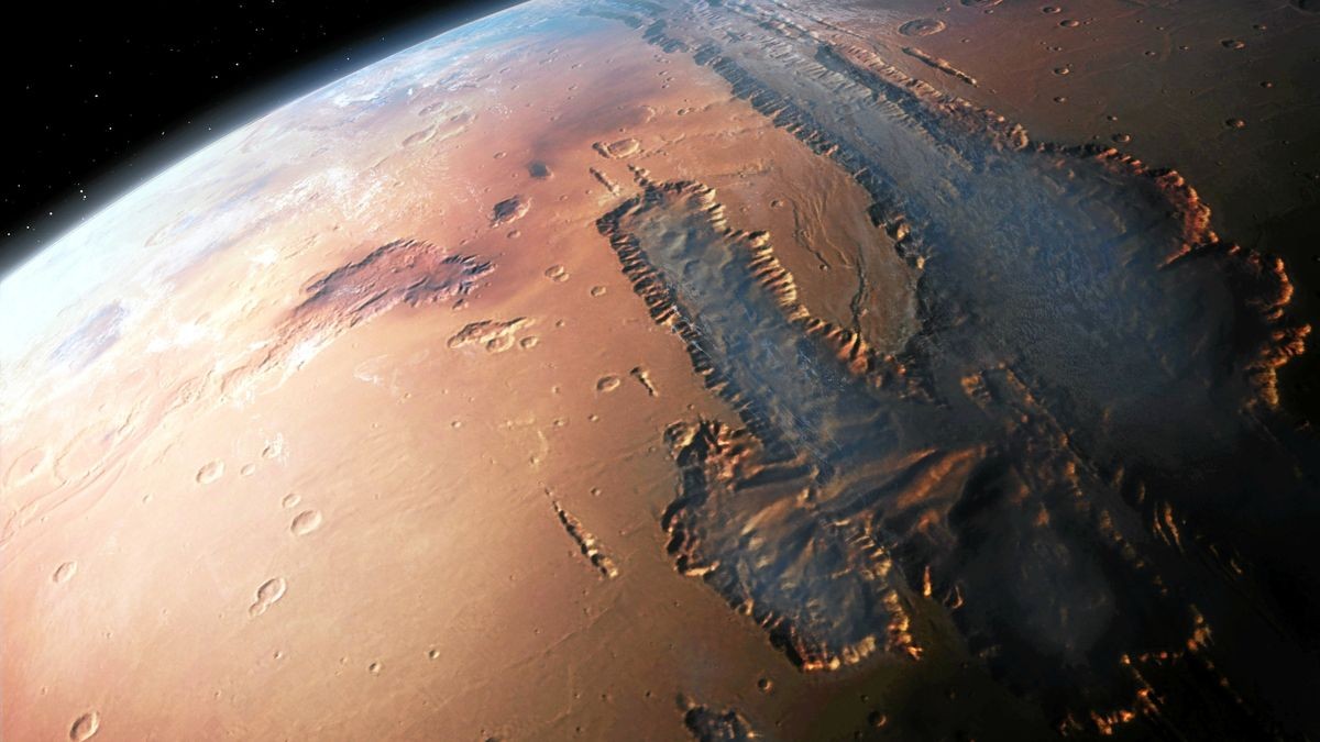 Unser roter Nachbarplanet hat mit „Valles Marineris“ auch die tiefste Schlucht im Sonnensystem. Stünde man an deren Rand, würde man 7000 Meter in die Tiefe blicken.