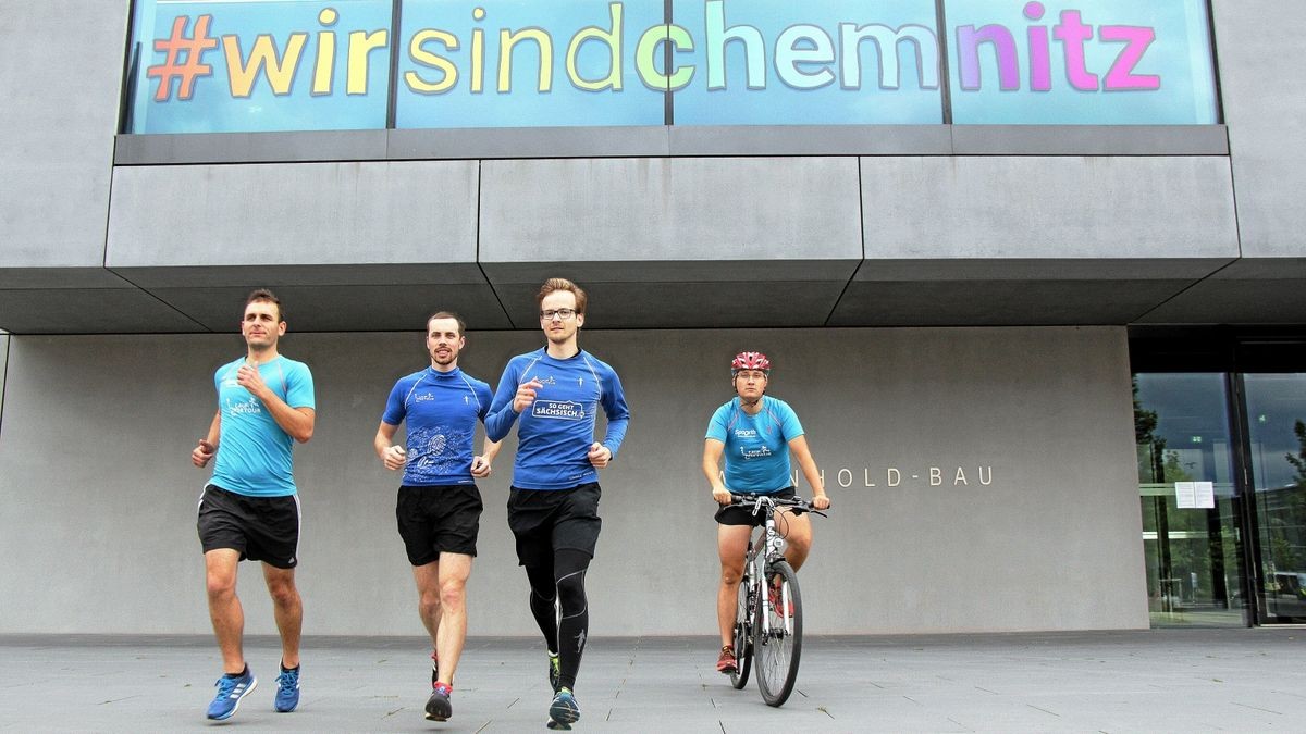 Zwölf junge Menschen laufen und radeln 1300 km in zehn Tagen – neben Florian Mauersberger, Lysander Jankowsky, René Apitzsch und Philipp Liebs (v.l.) auch drei Erfurter.