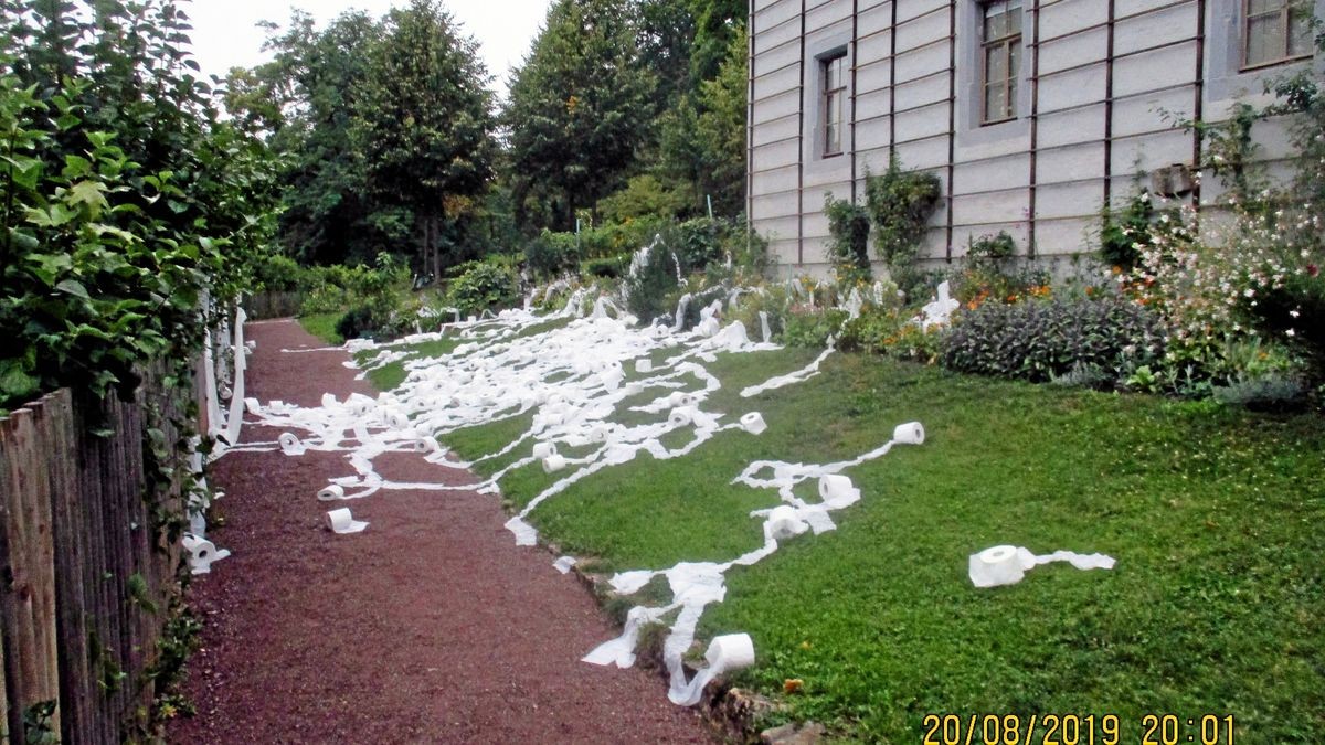 Unzählige Rollen Toilettenpapier wurden auf das Gartenhaus von Goethe im Park an der Ilm in Weimar geworfen.