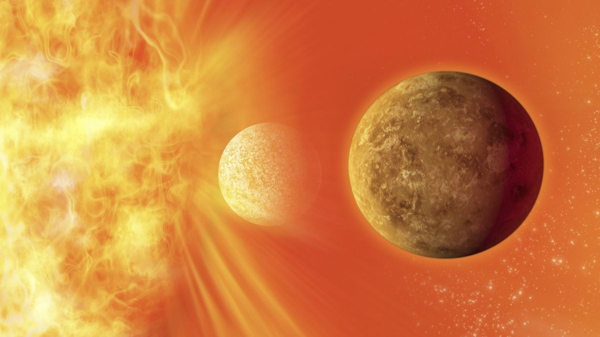 In der künstlerischen Grafik sehen Sie die beiden innersten Planeten im Sonnensystem: Merkur und Venus. Das besondere an den beiden ist, dass keine Monde um sie herum kreisen.