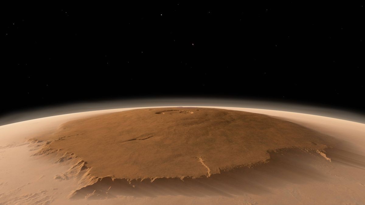 Der Vulkan „Olympus Mons“ auf dem Mars ist der höchste Berg im Sonnensystem. Er ragt etwa 26 Kilometer in den Kosmos.