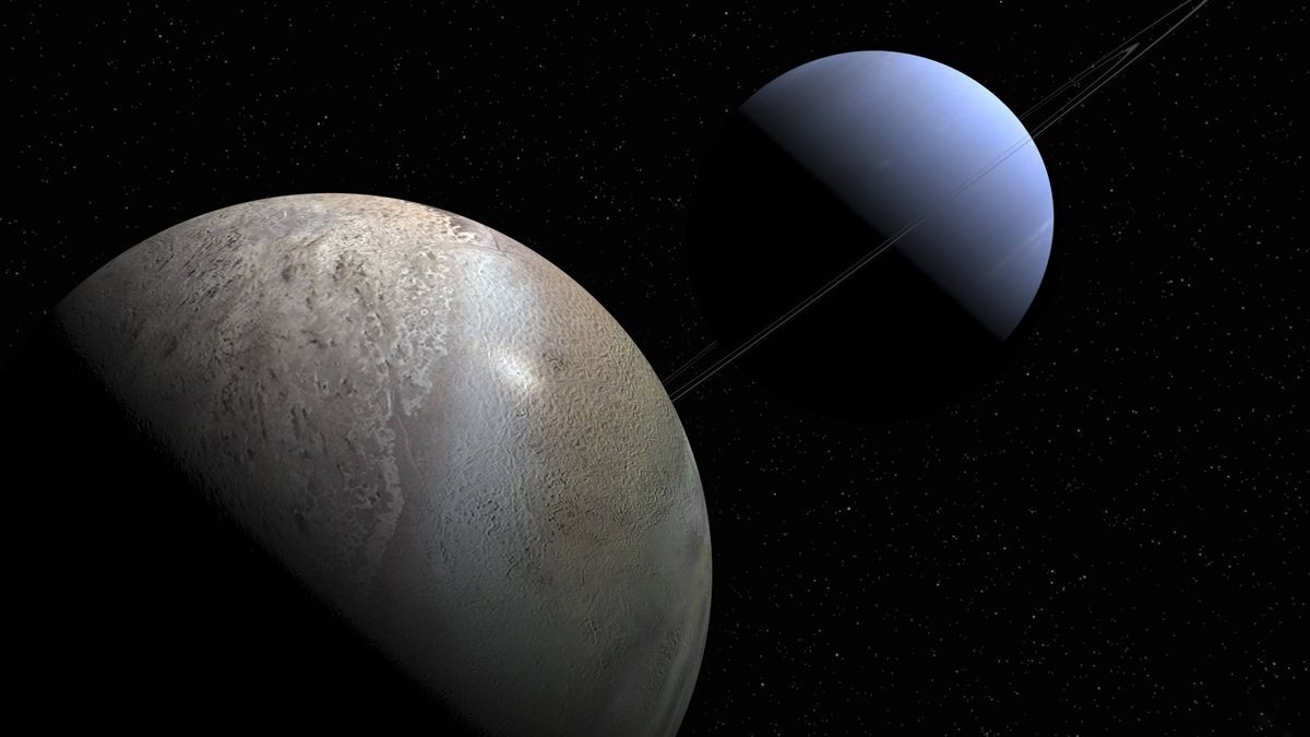 Platz 7: Triton (vorne) ist einer der bekannten 14 Monde des Planeten Neptun. Er hat den gleichen Abstand zu seinem Planeten wie der Mond zur Erde. Sein Durchmesser: 2707 km.