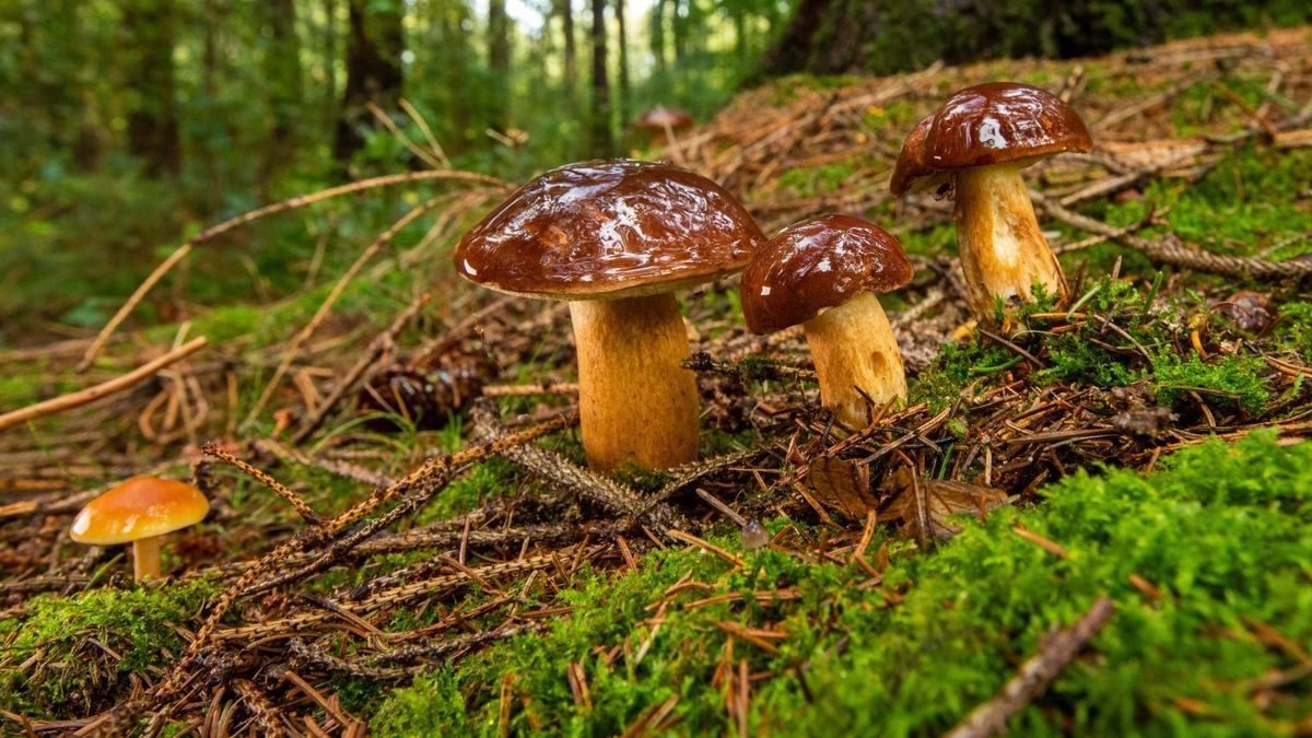 Noch nass vom Regen glänzen die Hüte dieser Maronen in einem Wald.