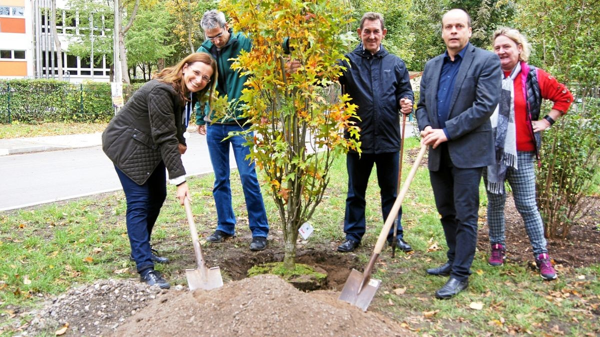 Rita Schmidtke, Bastian Wulf, Landrat Harald Henning, Matthias Schrot und Andrea Fritsche pflanzten an der neuen Buswendeschleife in Weißensee eine Säulensumpfeiche. 