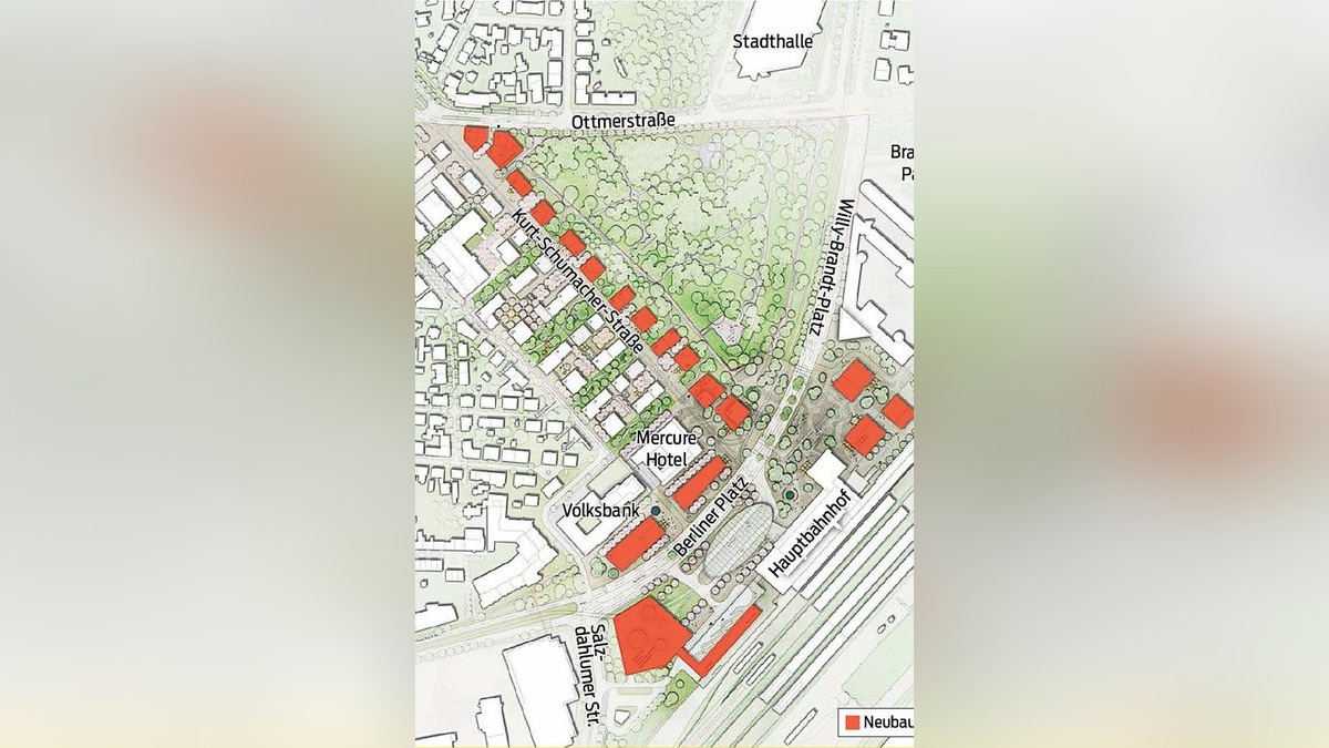 NSP, Hannover. Zur besseren Orientierung sind die wesentlichen Neubauten direkt am Hauptbahnhof, auf dem Berliner Platz und an den Rändern von Viewegs Garten farblich gekennzeichnet. Die Entwürfe sehen zum Teil auch Veränderungen im Bereich der bestehenden Gebäudekomplexe an der Kurt-Schumacher-Straße vor – diese haben wir hier NICHT weiter kenntlich gemacht.