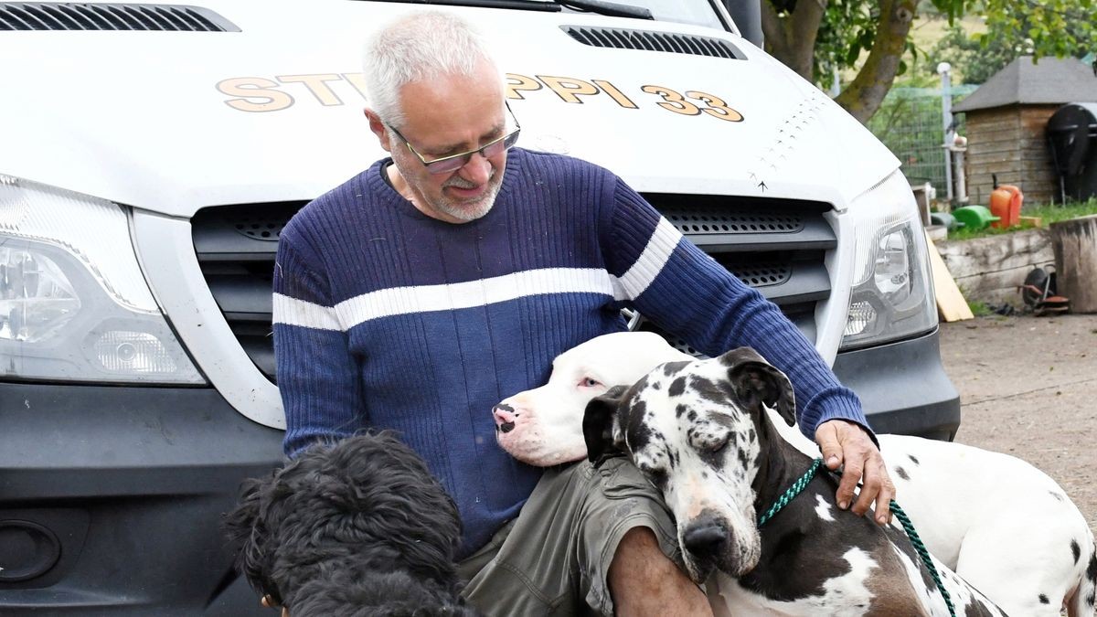 Hans-Jörg Stengler vom Tierheim an der Weißenburg mit den Hunden Grischa, Magda und Blanca vor seinem Tierrettungsfahrzeug „Struppi 33“.