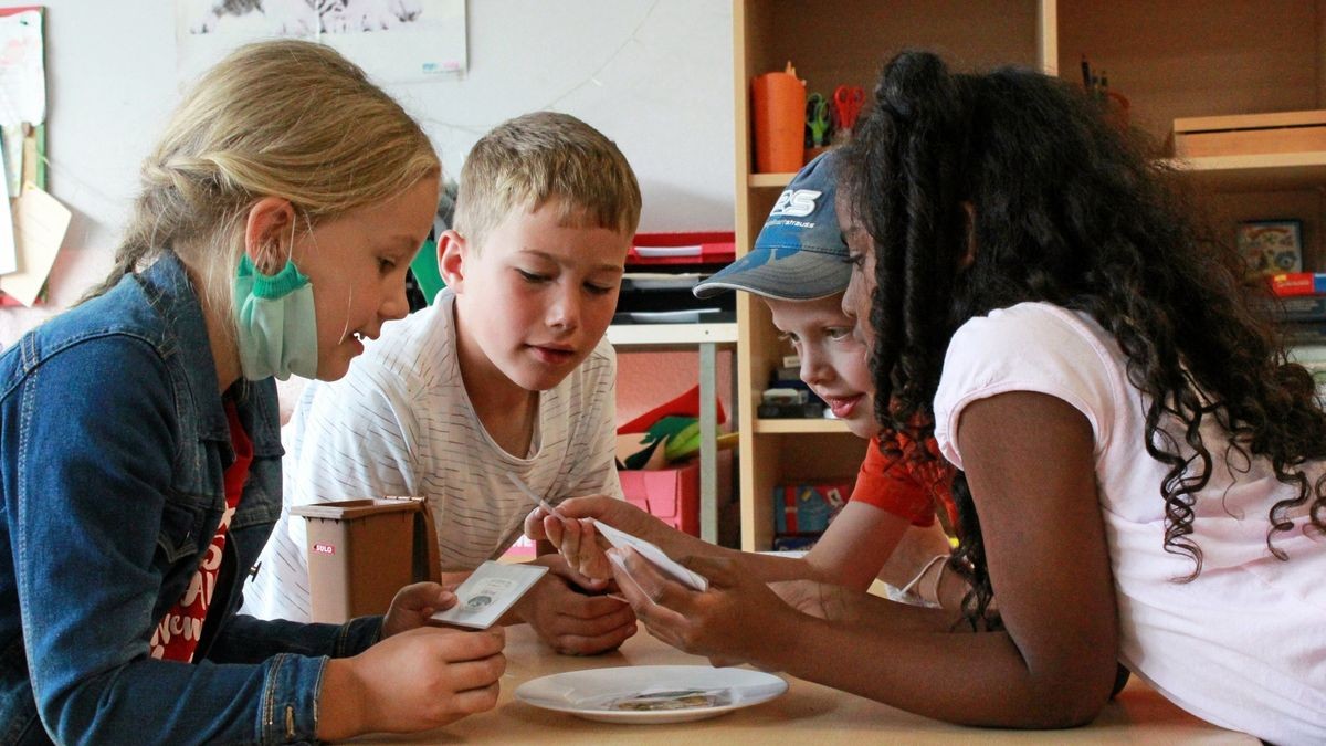 In der Grundschule Effelder werden die Kinder zu Lebensmittelrettern ausgebildet. Lucy, Paul, Fynn und Luciana (von links) entscheiden, welche Lebensmittel in die Tonne gehören und welche noch gegessen werden können.