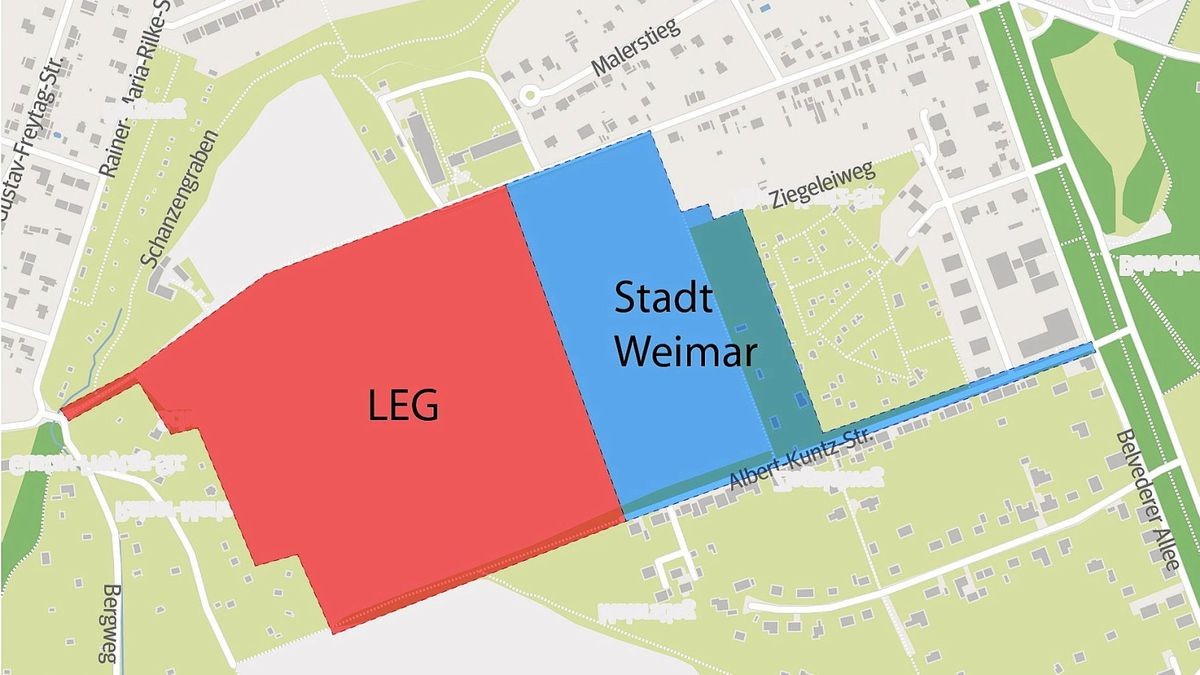 Für die roten und hellblauen Flächen soll im Merketal ein Bebauungsplan aufgestellt werden. Die Stadt Weimar will ihre Grundstücke (hellblau) an die Thüringer Landesentwicklungsgesellschaft verkaufen.