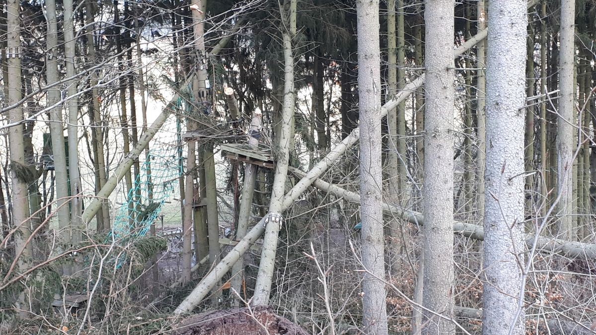 Die Februar-Stürme haben durch umgestürzte Bäume den Kletterwald am Datenberg in Bad Tabarz schwer beschädigt. Derzeit ist noch nicht klar, ob die Attraktion, die eigentlich am 26. März in die neue Saison starten sollte, überhaupt wieder aufgebaut werden kann. Betreiber Danny Luderer hat zudem in seinem zweiten Kletterwald in Hohenfelden Sturmschäden zu verzeichnen.