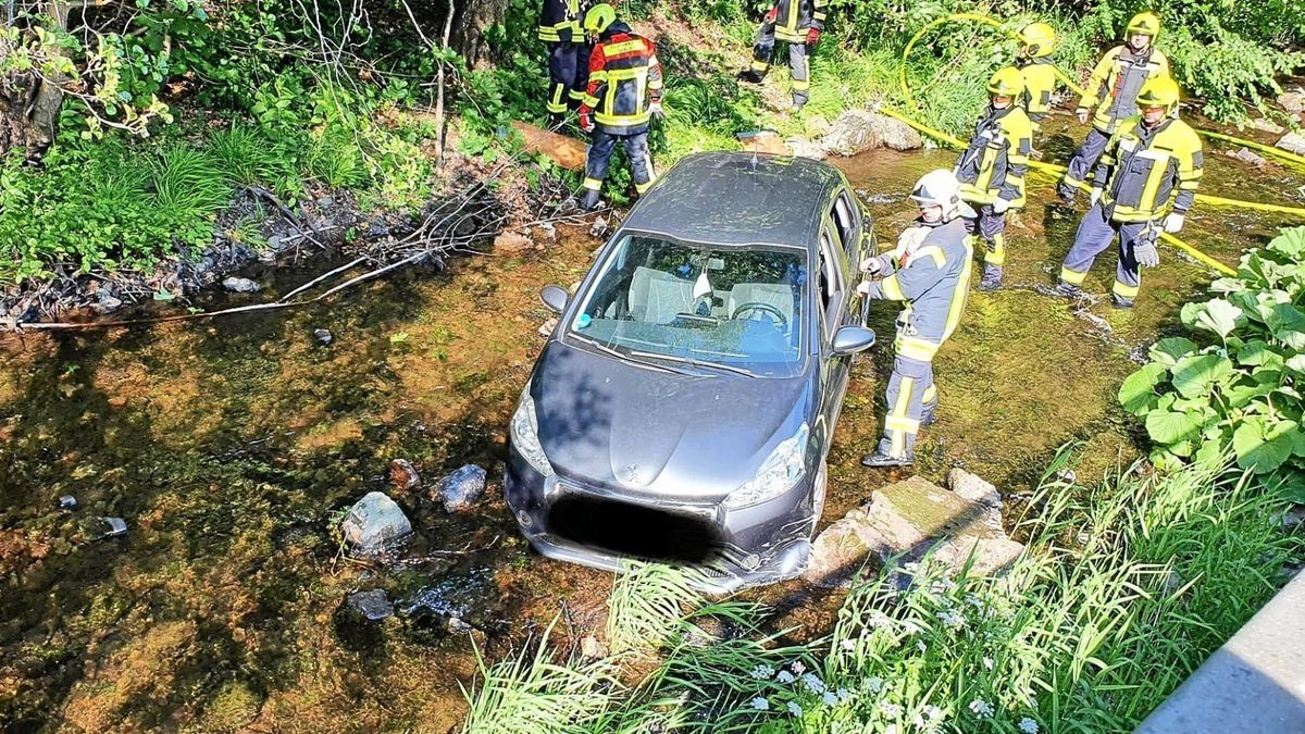 Die Mitglieder der Ilfelder Feuerwehr helfen bei der Bergung des verunglückten Pkw.