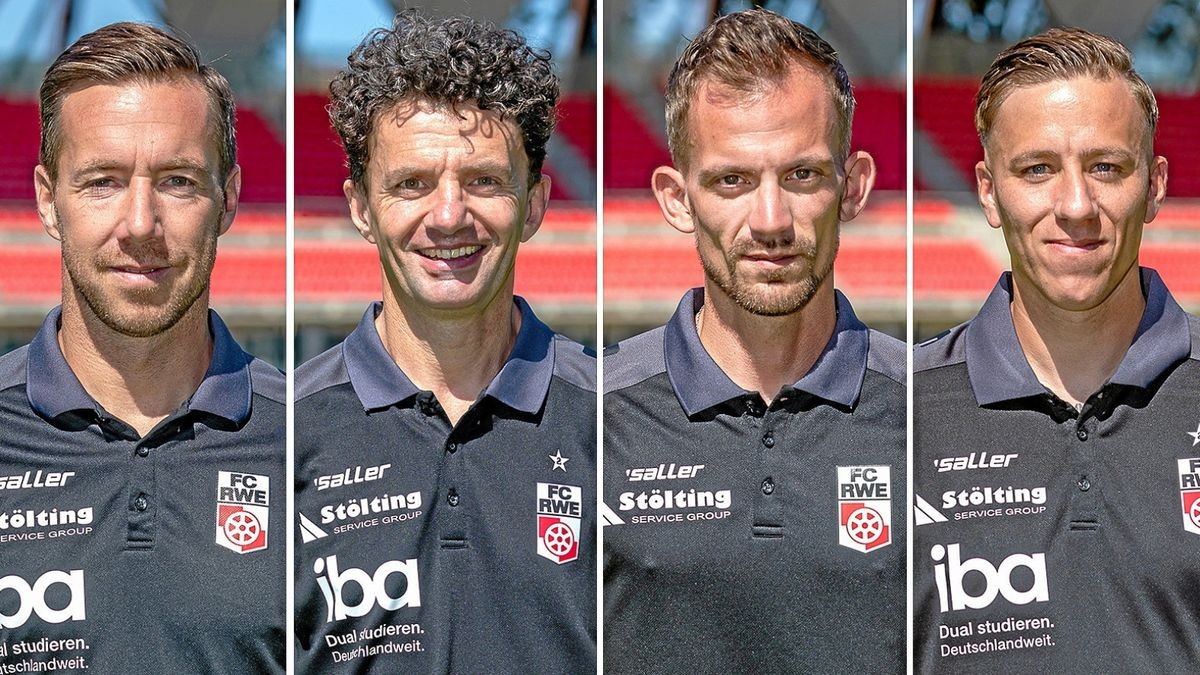 Fabian Gerber wird von den Co-Trainern Thomas Kost und Fabian Franz unterstützt. Patrick Ecke betreut die Torleute (von links).