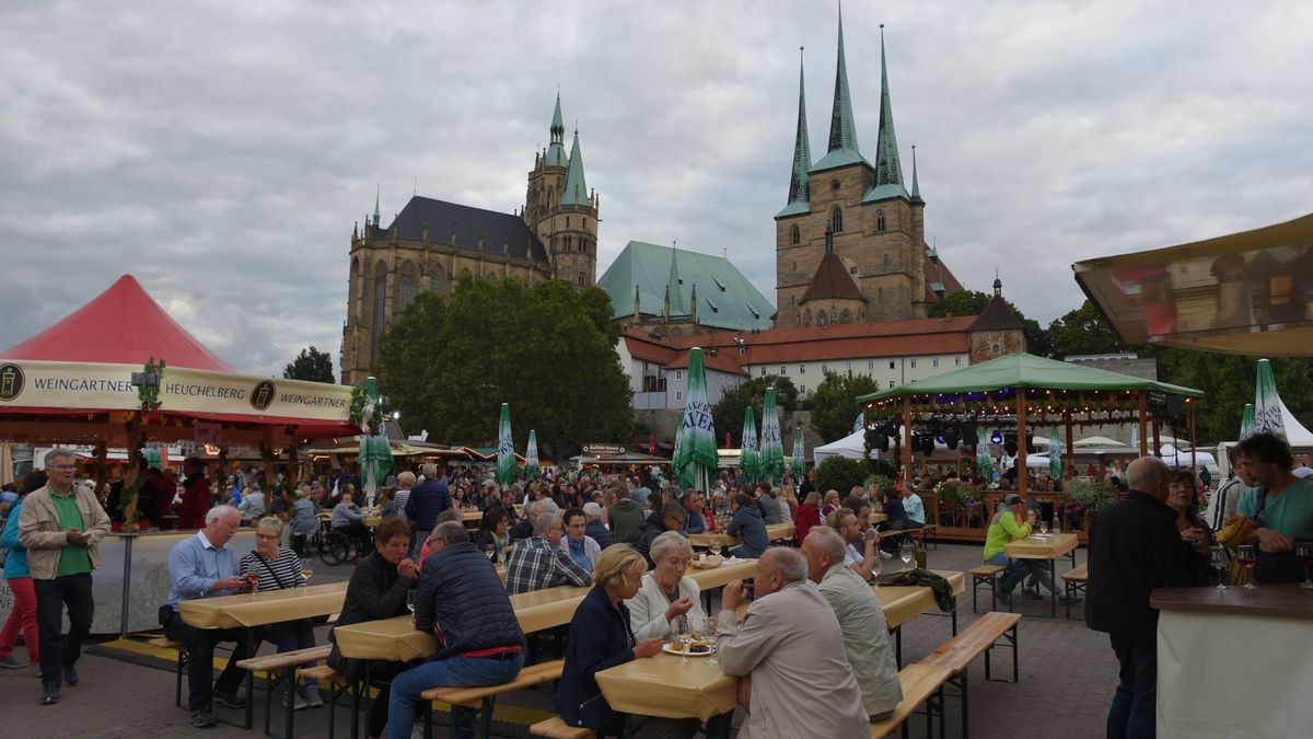 Auch 2022 bieten Winzer aus ganz Deutschland ihre Weine beim Erfurter Weinfest auf dem Domplatz an.