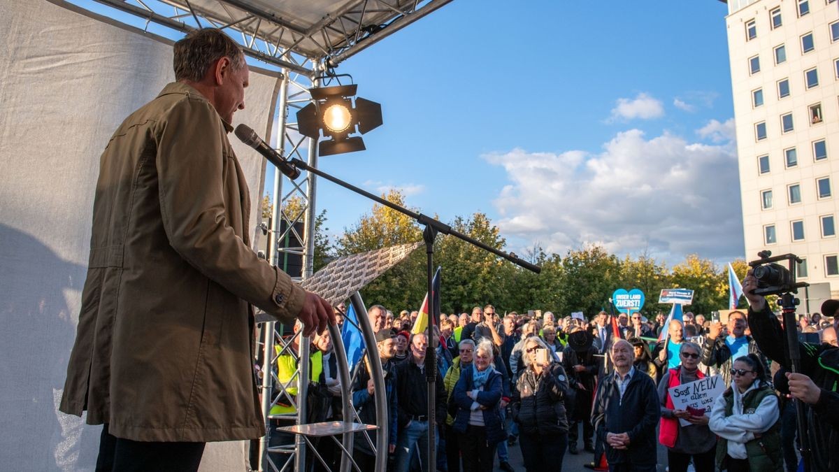 Thüringens AfD-Chef Björn Höcke spricht auf einer Kundgebung vor dem Landtag.