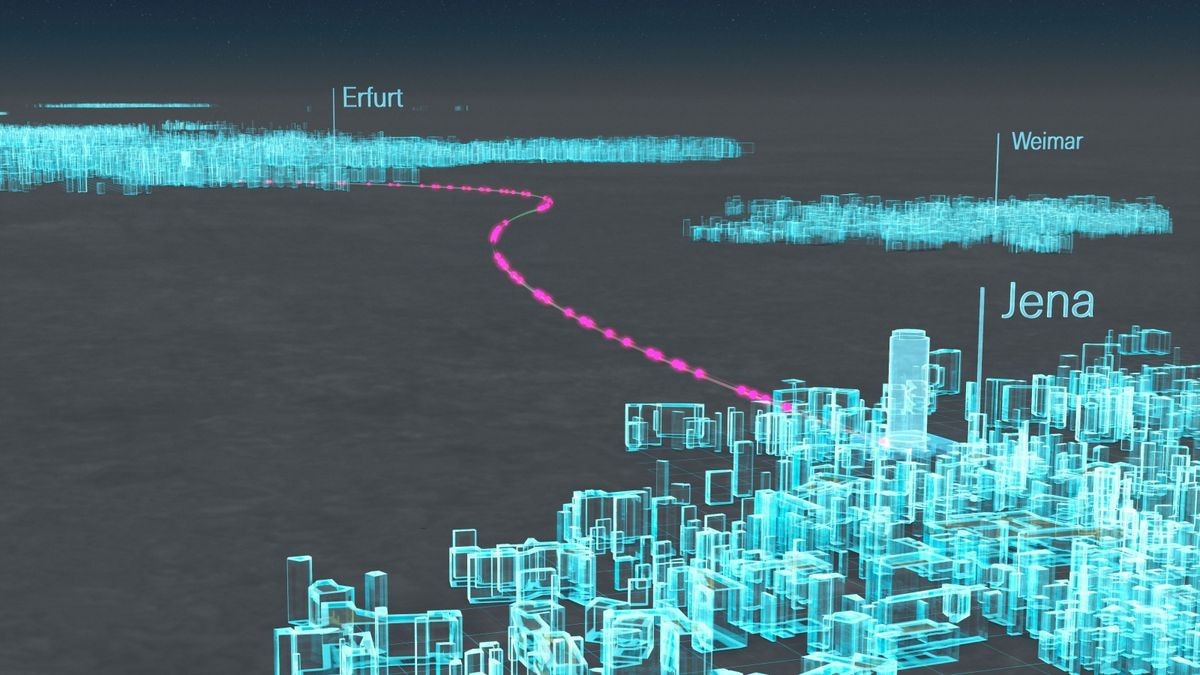 Über 75 km erstreckt sich die Quanten-Teststrecke zwischen Jena und Erfurt (hier in einer Simulation).