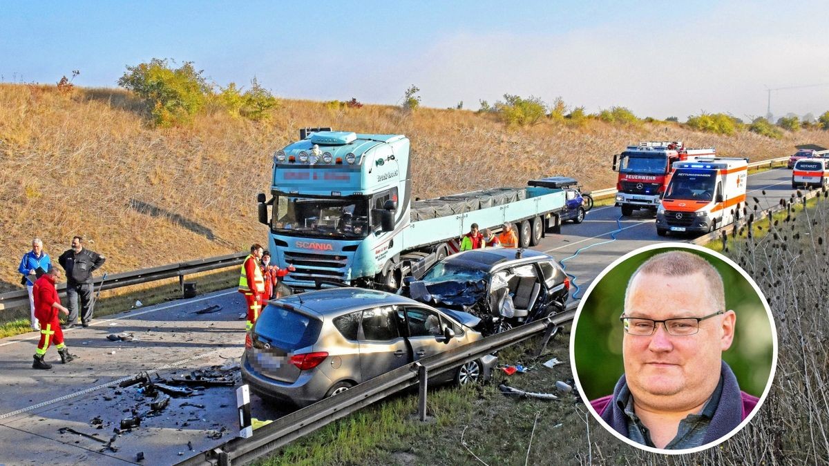 Bei dem Unfall am 12. September auf der Ortsumgehung von Bad Langensalza wurden sechs Menschen teils schwer verletzt, unter ihnen auch der Mühlhäuser Stefan Kühn (rundes Bild). Er saß mit seiner Begleiterin im hellgrauen Kleinwagen.