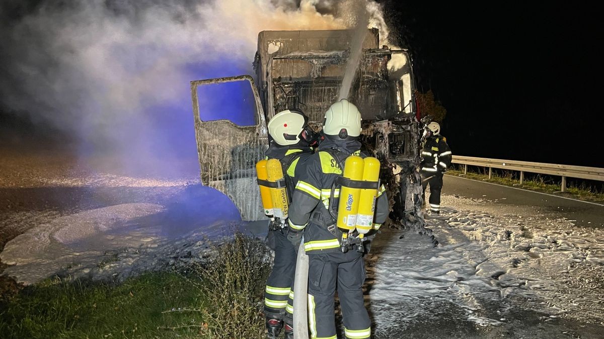 Der Laster war komplett mit Holzspänen beladen und das Feuer drohte, sich auf die Ladung auszuweiten.