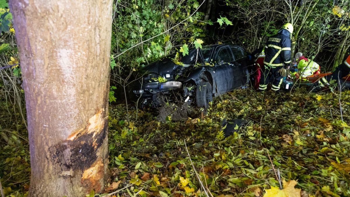 Ein Auto, besetzt mit fünf Jugendlichen, prallte in der Schleusinger Straße gegen einen Baum und rutschte einen Abhang hinunter.