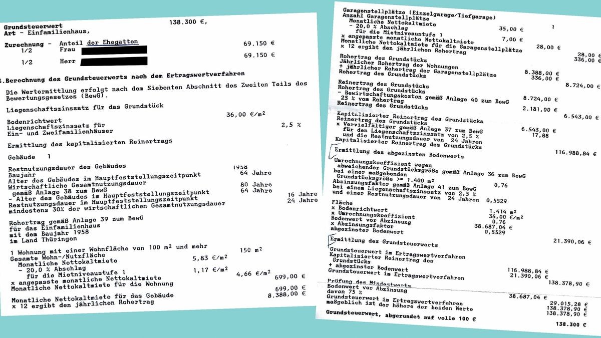 Die Vorder- und Rückseite des Bescheides über den neuen Grundsteuerwert.