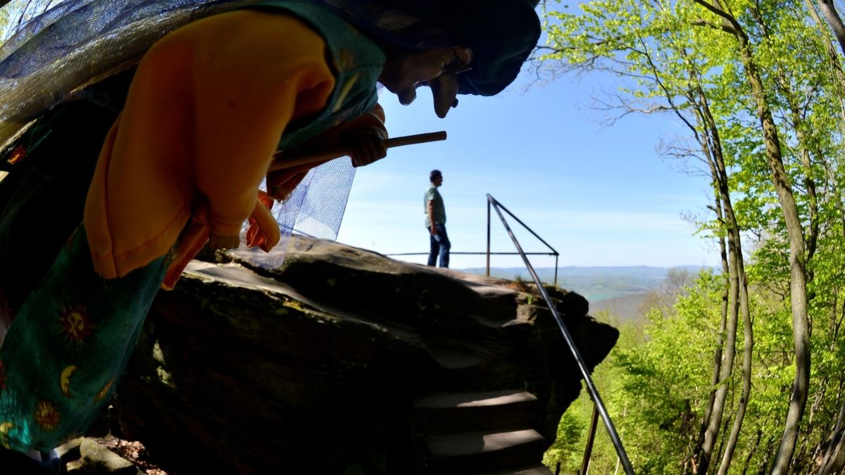 Der Teufel weist nicht nur auf die berühmte Eichsfelder Sage hin, sondern schafft auch die Verbindung zum Hexentanzplatz im Harz, wo das Gegenstück steht.