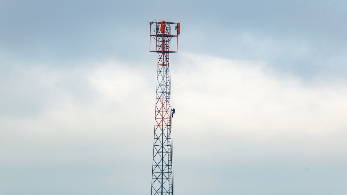 Ein Mitarbeiter der Telekom bei Arbeiten auf einem Mobilfunkmast der Telekom bei Windehausen im Kreis Nordhausen. 