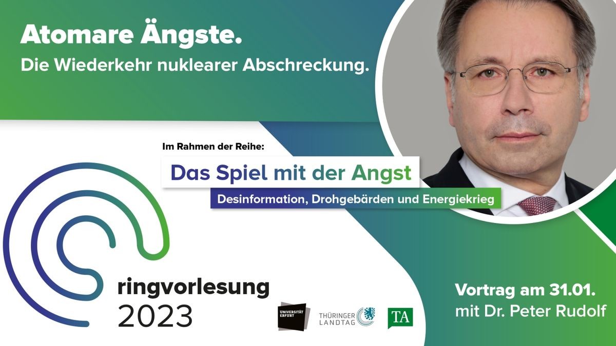 Der Politikwissenschaftler Peter Rudolf spricht zum Thema „Atomare Ängste. Die Wiederkehr nuklearer Abschreckung“. 