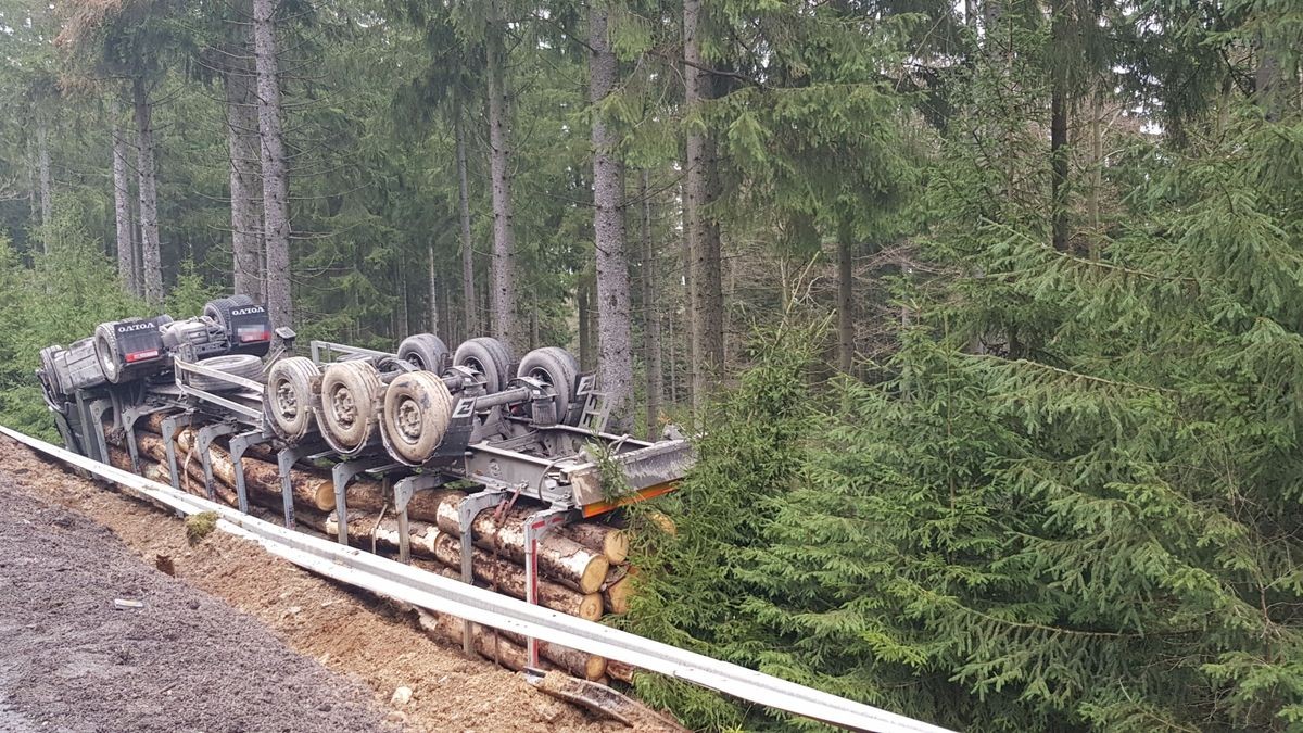 Auf der B281 kippte am Donnerstag ein Holztransporter in den Straßengraben.