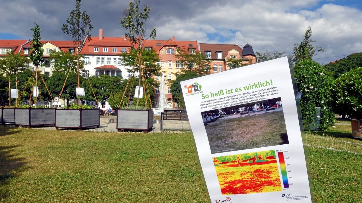 Mehr Schatten für den Leipziger Platz ist ein Ergebnis des Projekts Heat Resilient City (hitzerobuste Stadt) der FH Erfurt. Der Platz soll demnächst dauerhaft begrünt werden.