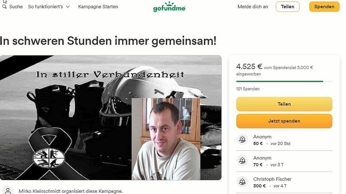 Fast erreicht ist das Ziel eines Spendenaufrufs für die Familie des völlig überraschend verstorbenen Feuerwehrmanns Guido L. aus Lengefeld auf der Plattform „Gofundme“.