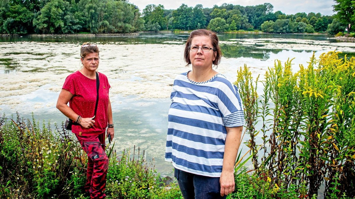 Naturschützerin Martina Chane (rechts) und Jana Lindemann vom Gnadenhof in Keula am Schwanenteich in Mühlhausen.