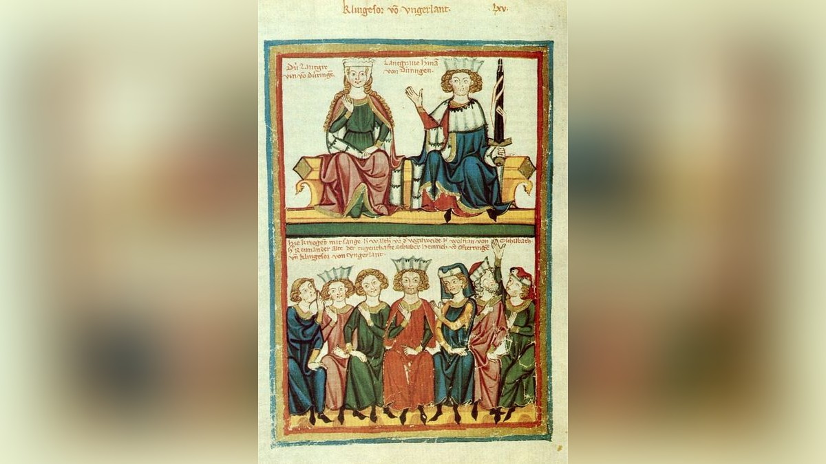 Miniatur des Sängerstreits, Manesse-Liederhandschrift der Universitätsbibliothek Heidelberg.