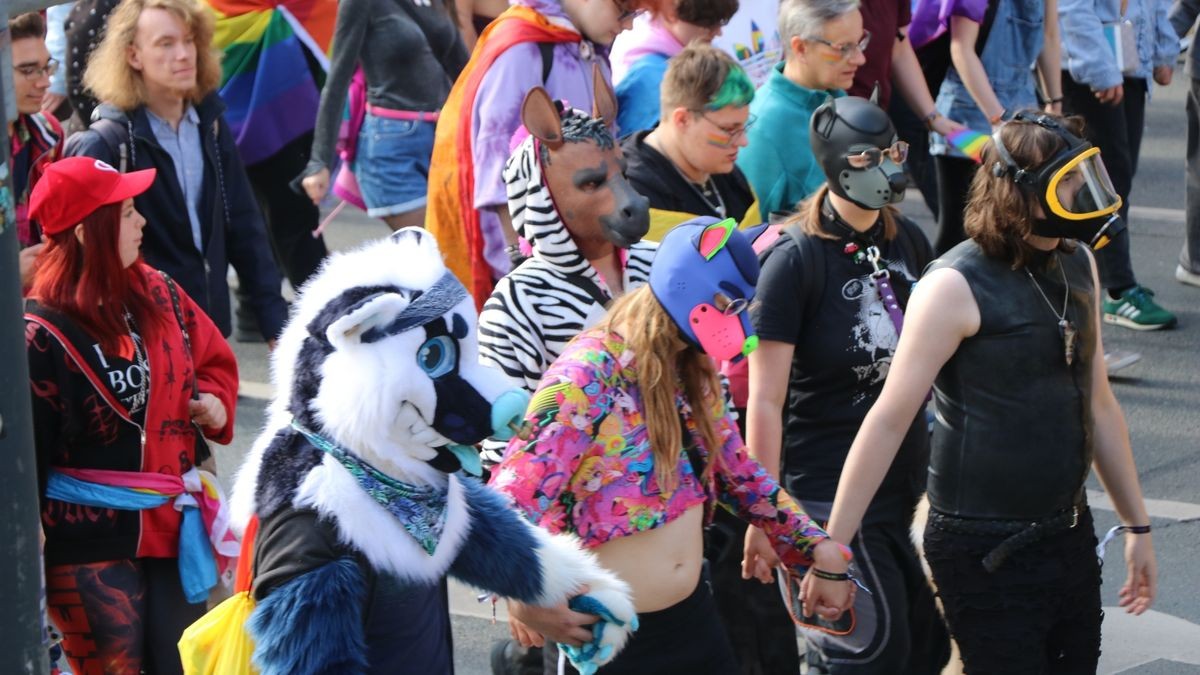 Auch ausgefallene, bunte Kostüme waren beim CSD in Jena zu sehen.Der Christopher-Street-Day (CSD) brachte in Jena am Sonnabend, 14. Oktober 2023, gut 1000 Menschen für die Rechte von Lesben, Schwulen, Bisexuellen, Transgendern, Intersexuellen und Queeren Personen auf die Straße. Die Demonstration mit einem anschließenden Fest auf der Rasenmühleninsel konnte kurzfristig durch eine Spendenaktion ermöglicht werden. Zuvor war die Suche nach Trägervereinen für die Finanzierung gekippt.