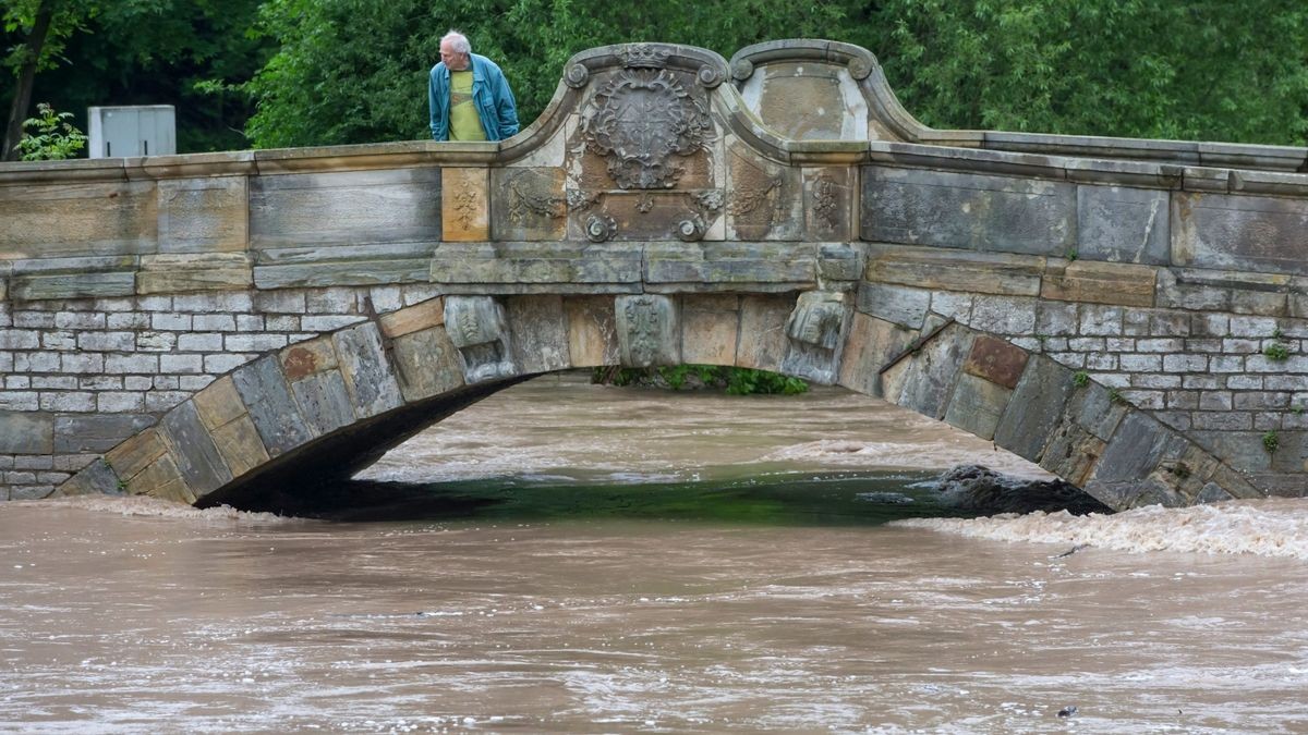 Ein Mann betrachtet im Mai 2013 bei Erfurt-Möbisburg das Hochwasser der Apfelstädt.