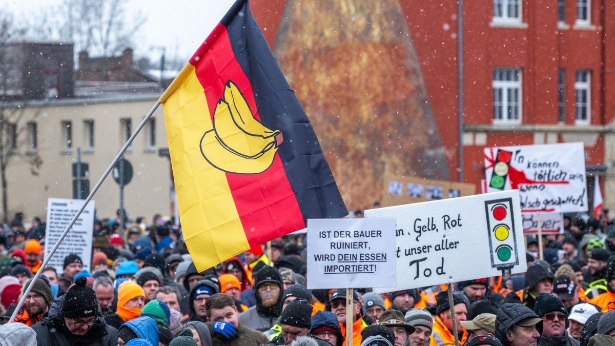 Demonstranten mit Schildern und Transparenten auf dem Juri-Gagarin-Ring.