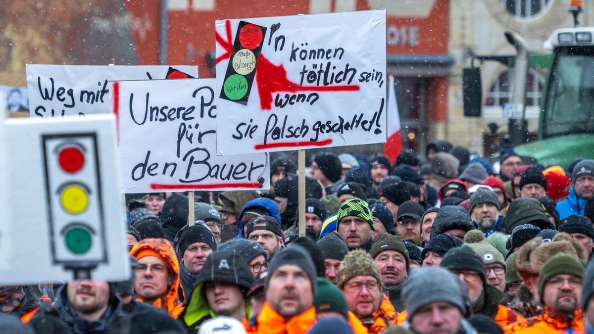 Demonstranten mit Schildern und Transparenten auf dem Juri-Gagarin-Ring.