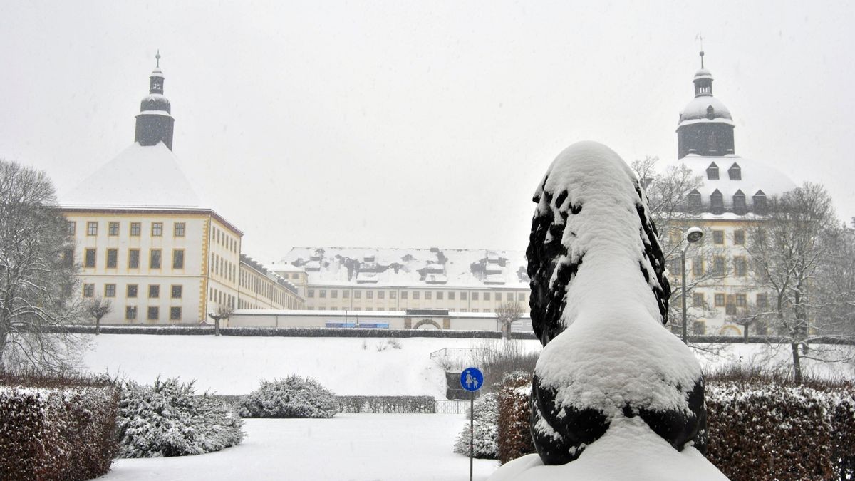 Einer der Löwen vor dem Herzoglichen Museum bestaunt das schneebedeckte Schloss Friedenstein.