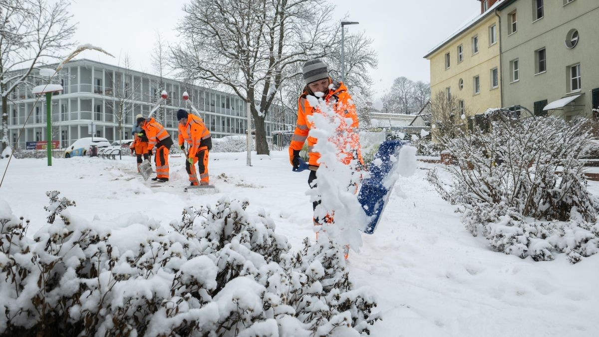 Mitarbeiter vom Erfurter Garten- und Friedhofsamt befreien am Nachmittag Gehwege vom Schnee.