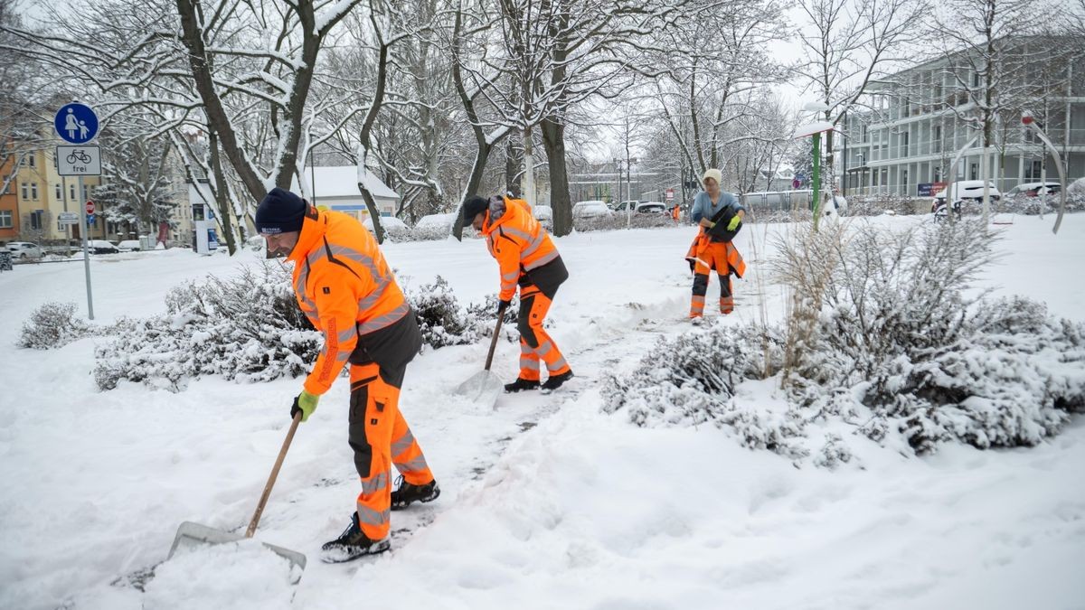 Mitarbeiter vom Erfurter Garten- und Friedhofsamt befreien am Nachmittag Gehwege vom Schnee.