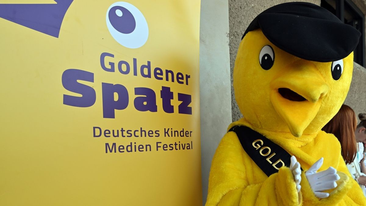 Das Maskottchen des. Deutschen Kinder-Medien-Festivals „Goldener Spatz“.