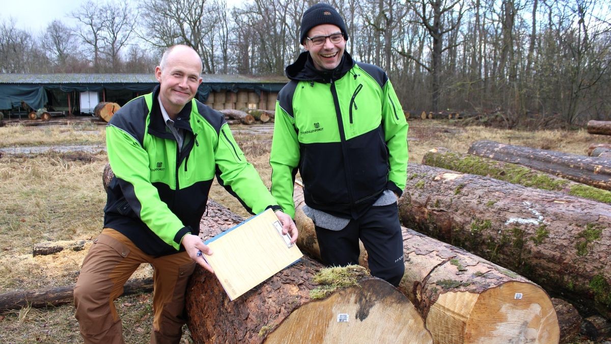 Forstamtsleiter Chris Freise (links) und Forststaatssekretär Torsten Weil freuen sich über den Erlös, den der Stamm mit der Losnummer 1156 einbrachte: fast 10.000 Euro für einen geriegelten Bergahorn.